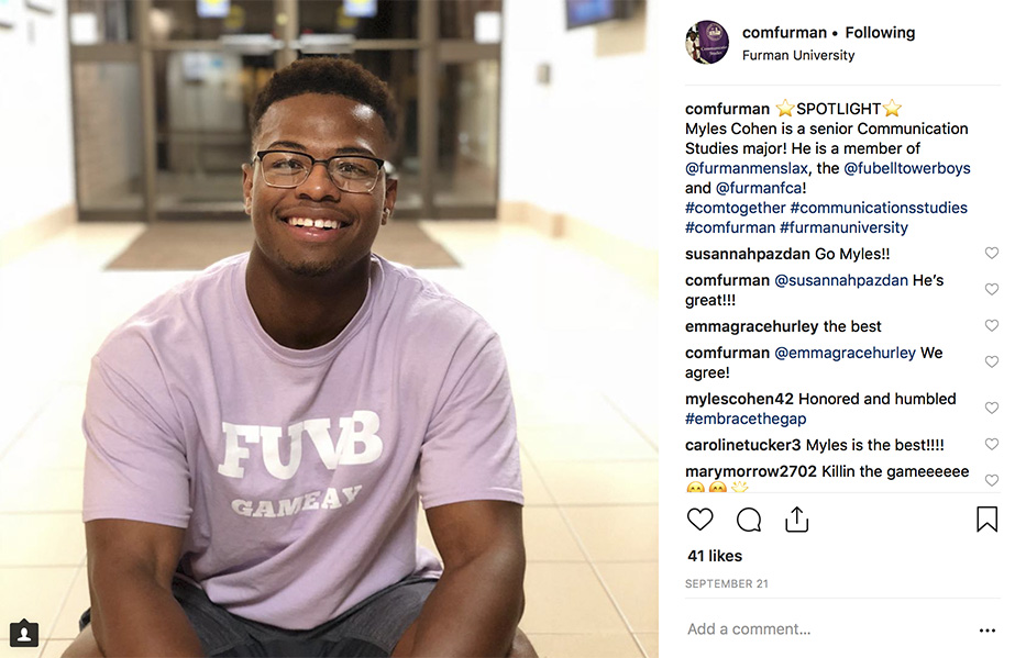 Myles Cohen '19 pictured on the department Instagram page.