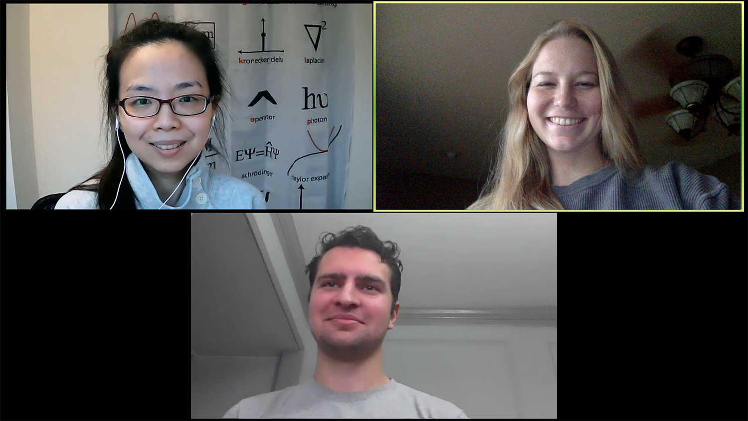 Screen shot of three people on a Zoom video call.