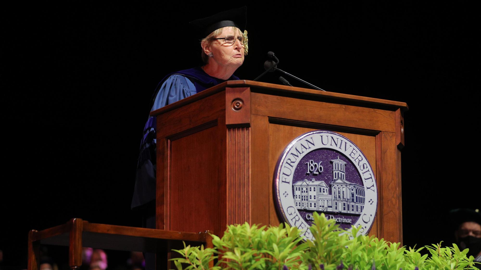 Marian E. Strobel, the William Montgomery Burnett Professor of History, delivers the address at the Fall 2021 Opening Convocation ceremony.