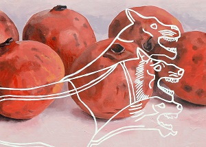 art depicting fruit overlaid with three-headed dog by Michael May