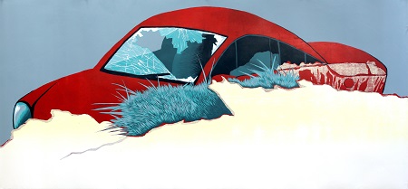 art depicting red car in collision