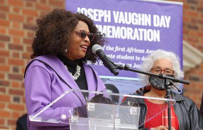 Black woman in purple jacket, Lillian Brock Flemming